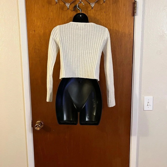 Say What Women’s Ivory Ribbed Knit Cropped Cardigan Sweater Small Zip-Up V-Neck - Picture 14 of 15